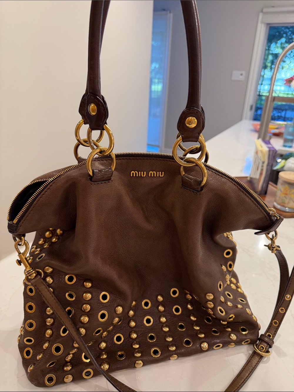 Miu Miu Dark Brown Leather Eyelet-Embellished Shoulder Bag
